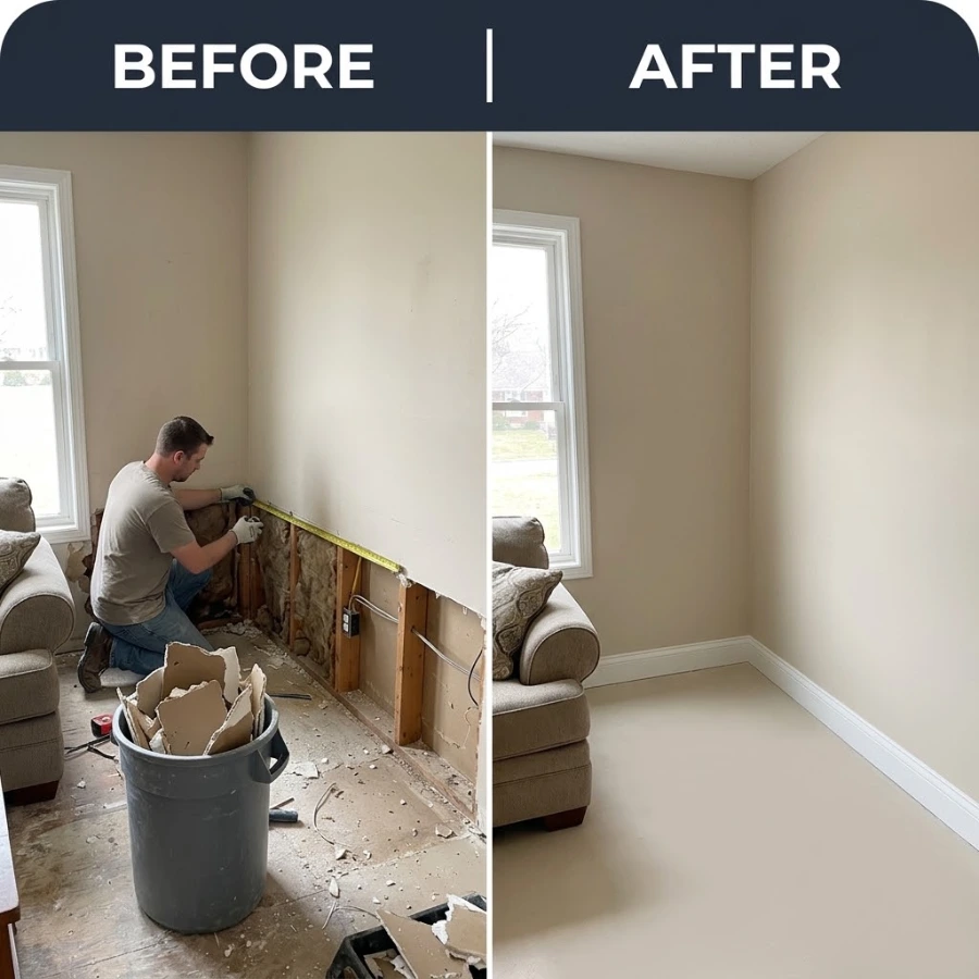 Water damage repair in Baytown, TX: living room wall before and after drywall reconstruction and painting