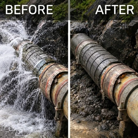Burst pipe water damage in Baytown before and after repair, showing a leaking pipe spraying water and the same pipe fully fixed and dry
