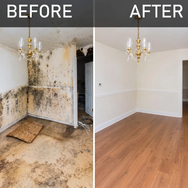 Before and after roof leak damage restoration in Baytown, showing a room with mold and ceiling damage restored to clean walls and new flooring