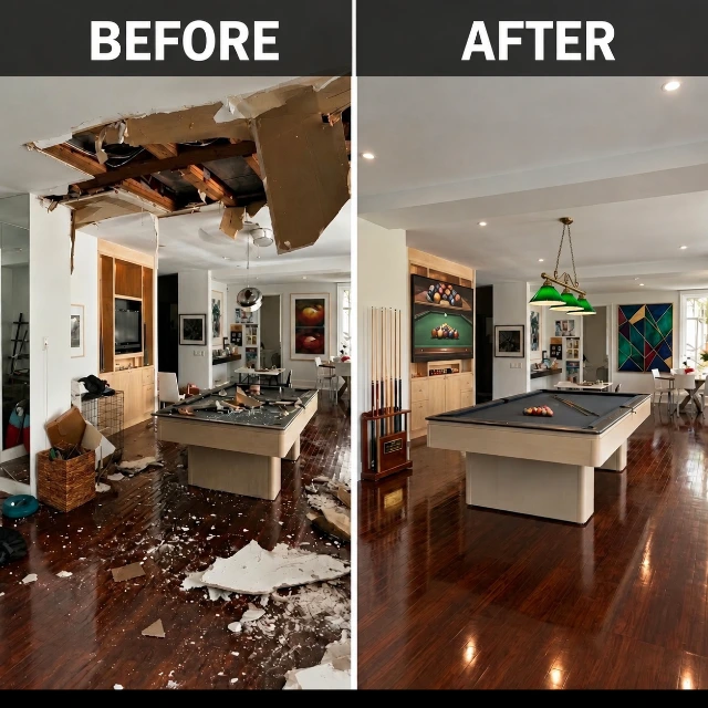 Before and after water damage restoration showing a damaged kitchen ceiling with debris and a fully repaired, clean kitchen interior.