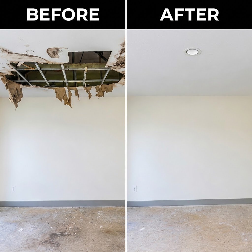Before and after attic water damage repair in Baytown, showing a collapsed ceiling with exposed framing and mold stains restored to a clean smooth ceiling