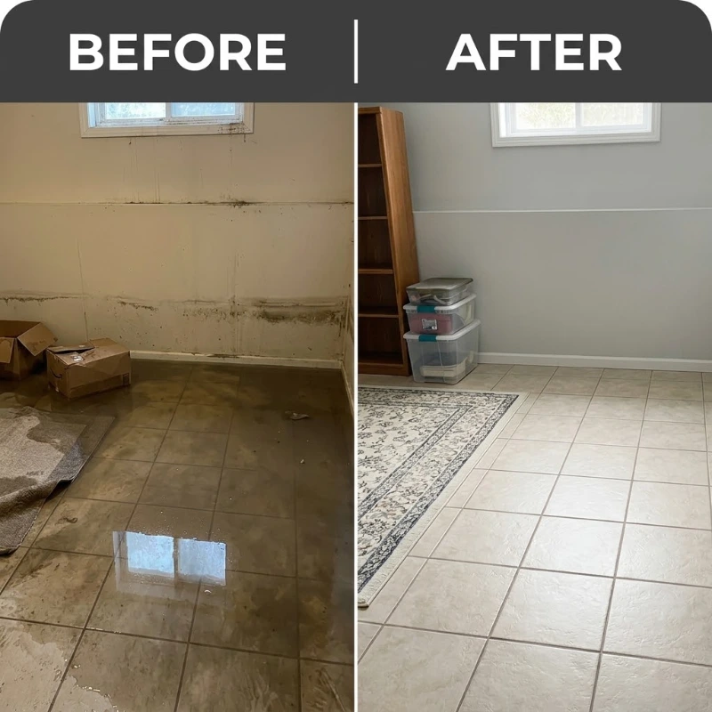Basement flood cleanup in Baytown, TX: before and after of a flooded room restored clean and dry