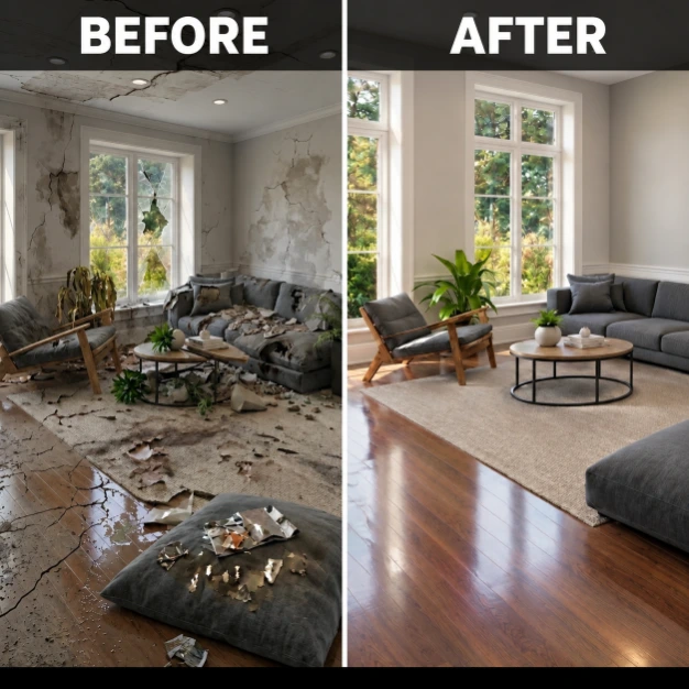 Before and after water damage restoration showing a living room with damaged walls, a cracked floor, and debris before restoration, transformed into a clean, beautifully renovated living room with polished hardwood floors and modern furniture.