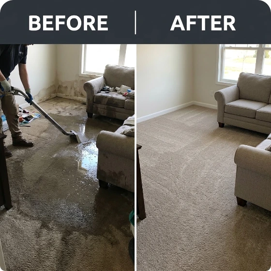 Emergency water extraction in Baytown, TX: living room carpet before and after water removal