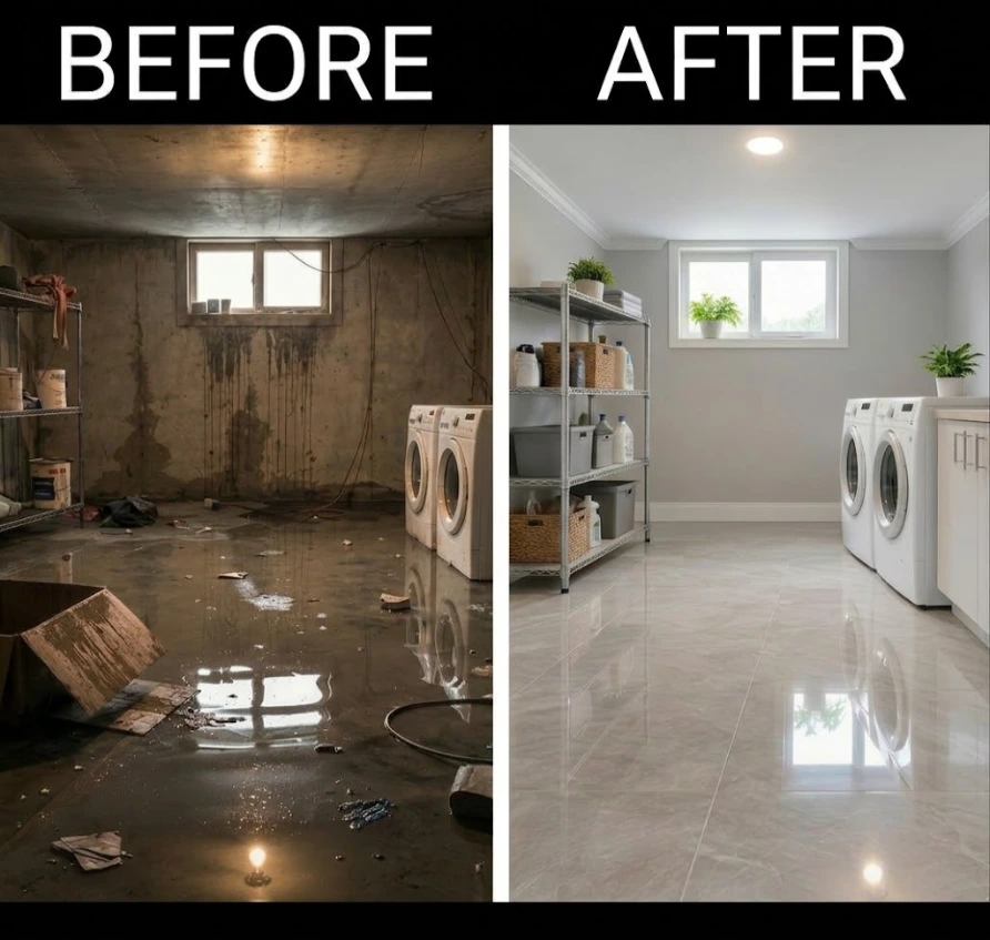 Before and after flooded basement cleanup in Baytown, showing standing water and stained walls in a laundry room restored to a clean, dry space