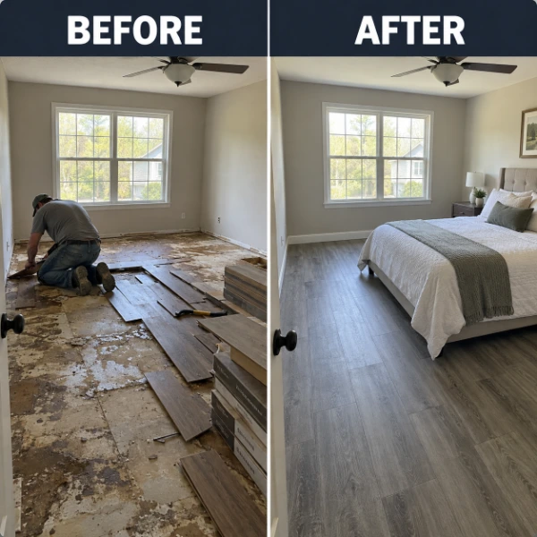 Water damage reconstruction in Baytown, TX: bedroom floor before and after new flooring installation