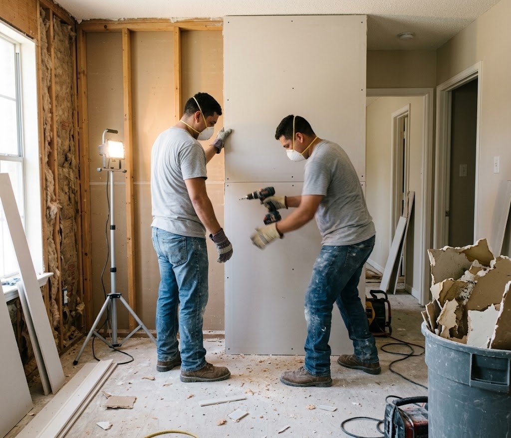 Water damage repair and reconstruction in Baytown, TX: technicians installing new drywall in a home