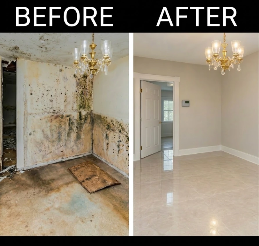 Before and after mold remediation and water damage restoration in Baytown, showing moldy stained walls and a ruined floor restored to a clean room with new tile