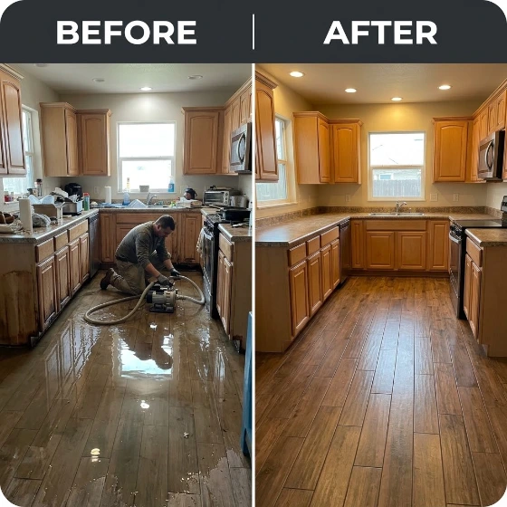 Water removal services in Baytown, TX: flooded kitchen floor before and after water extraction