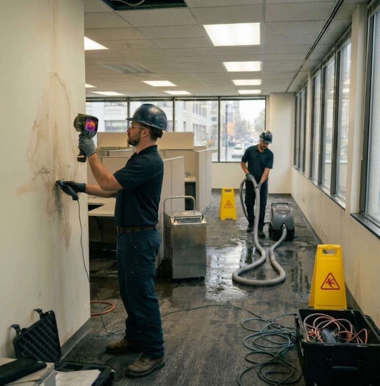 Water damage technicians inspecting a wet office wall with a thermal imaging camera while another extracts water from the floor in Baytown