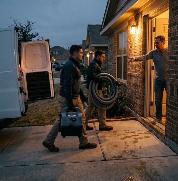 Emergency water extraction in Baytown, TX: technicians arriving at a home with pump and hose for water removal