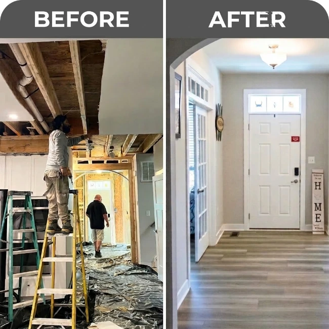 Flood damage restoration in Baytown, TX: before and after of a home entryway repaired and restored