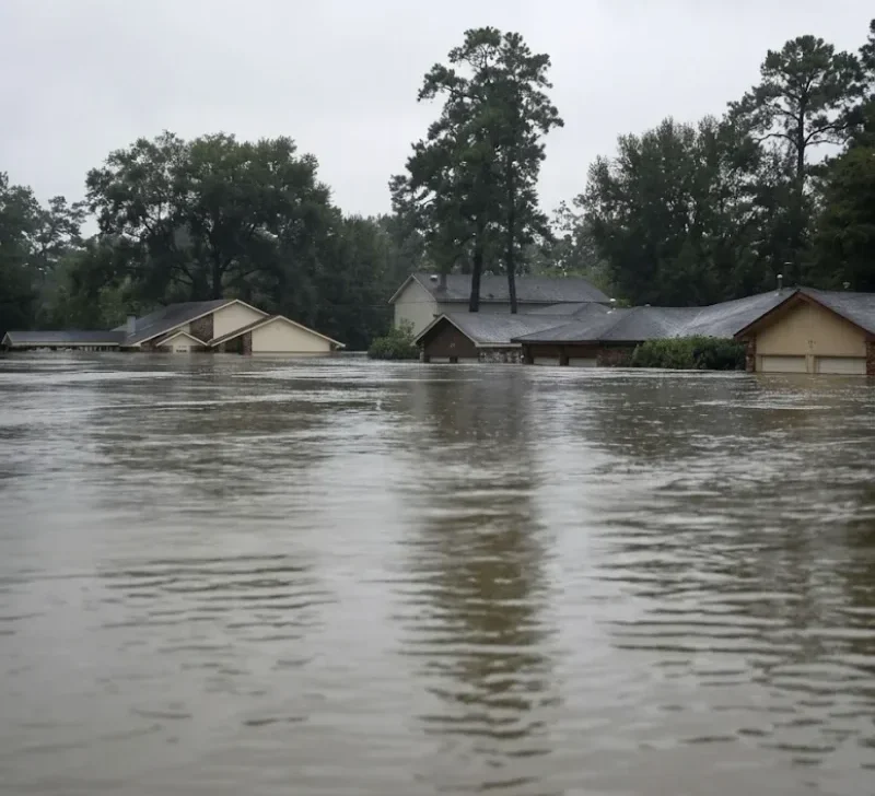 Flood water removal in Baytown, TX: flooded neighborhood with homes submerged in floodwater