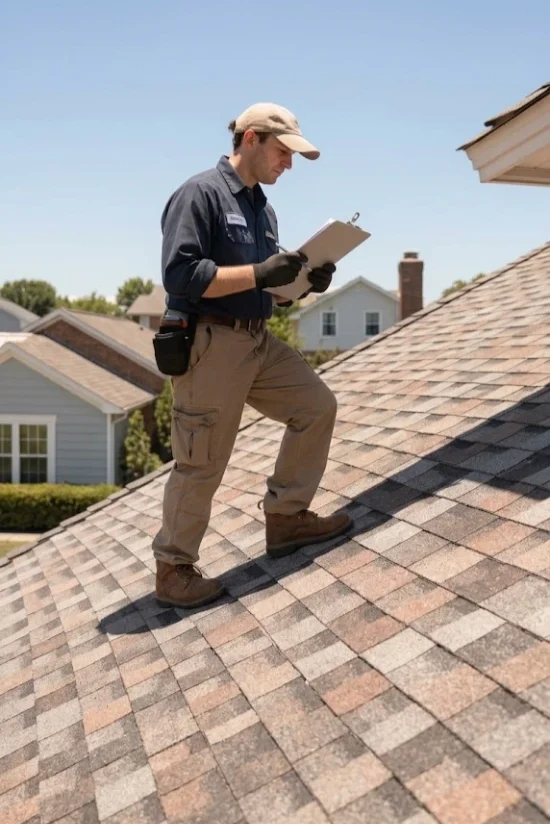 Water damage repair in Baytown, TX: technician inspecting a roof for leaks and storm damage